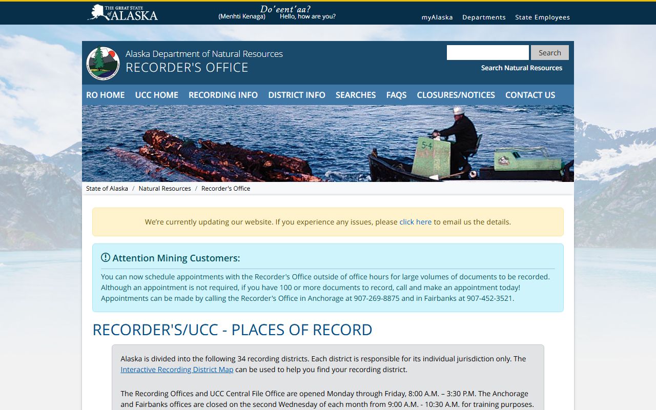Alaska DNR recording district list Fairbanks property records