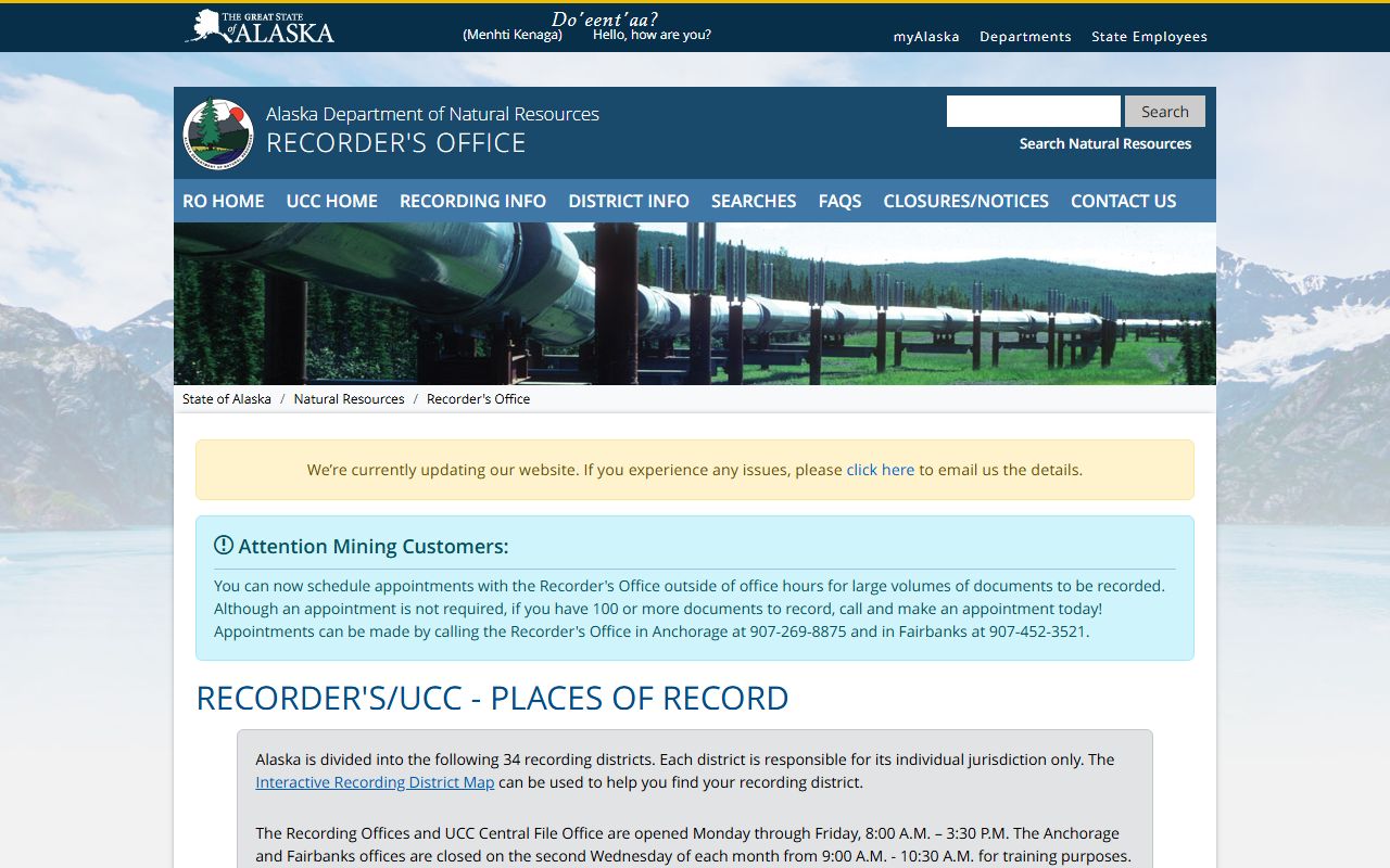Bethel Census Area Property Records - DNR recording district list showing Fairbanks office coverage