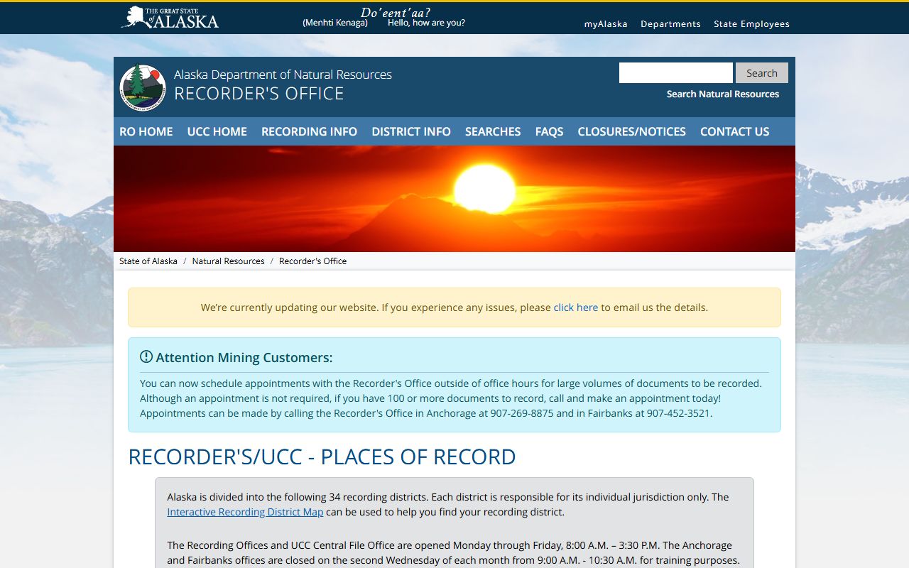 Bristol Bay Borough Property Records - DNR recording district list confirming Anchorage office coverage